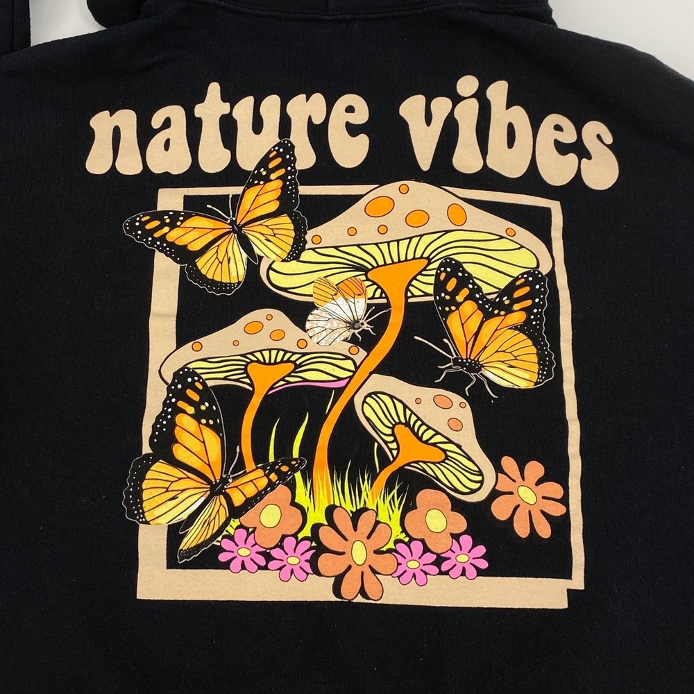 Bowery Supply Co Nature Vibes Black Hoodie Butterfly Mushroom Graphic‎ Medium